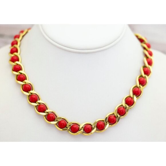 24 inch, Vintage Large Curb Style Chains Red Beads Necklace by Napier - BD1 - Picture 2 of 3